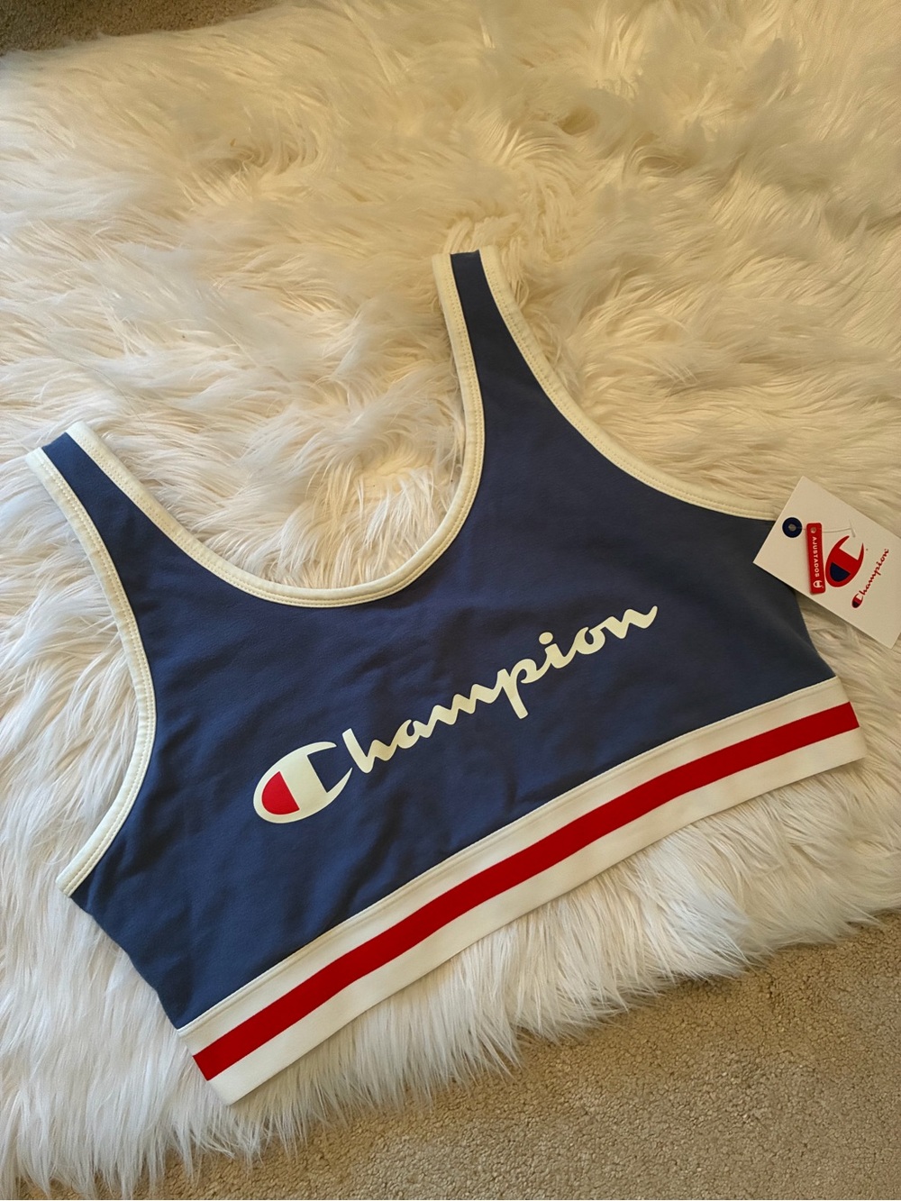 Champion Blue Sports Bra with White Trim and Red Band